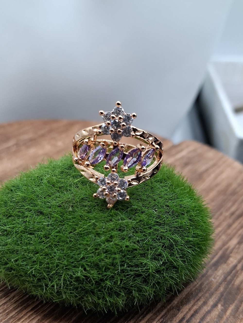 Gold-Tone Amethyst and Cubic Zirconia Floral Ring Adjustable Band R828